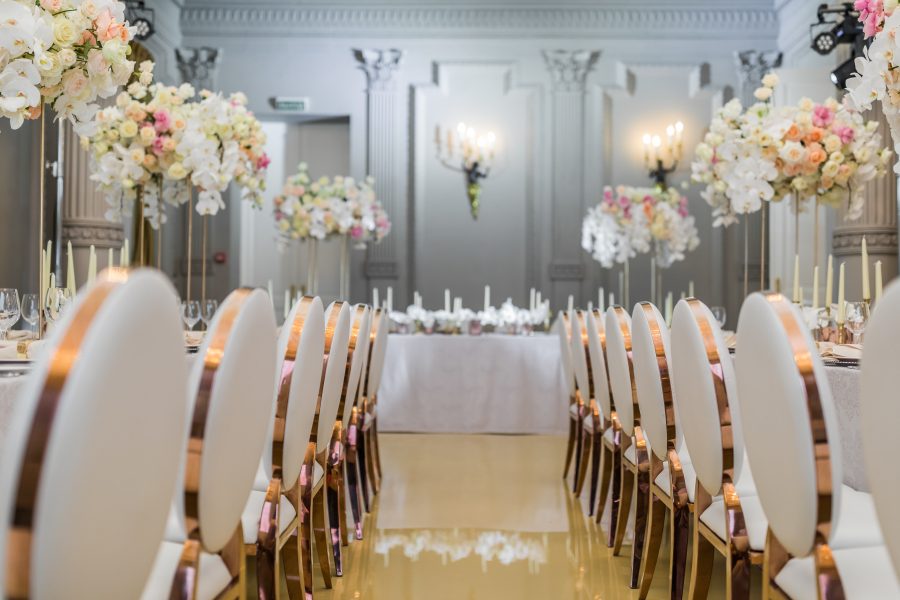 White dinner hall fancy prepared for wedding dinner