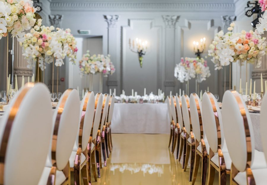 White dinner hall fancy prepared for wedding dinner