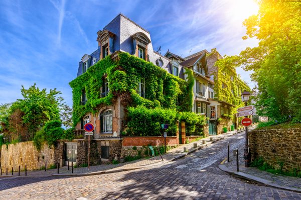 Cozy street of old Montmartre in Paris, France