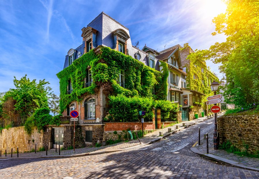 Cozy street of old Montmartre in Paris, France