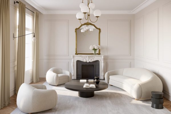 3d rendering of an elegant chic luxury Paris apartment living room with kidney shaped sofa and a classic fireplace