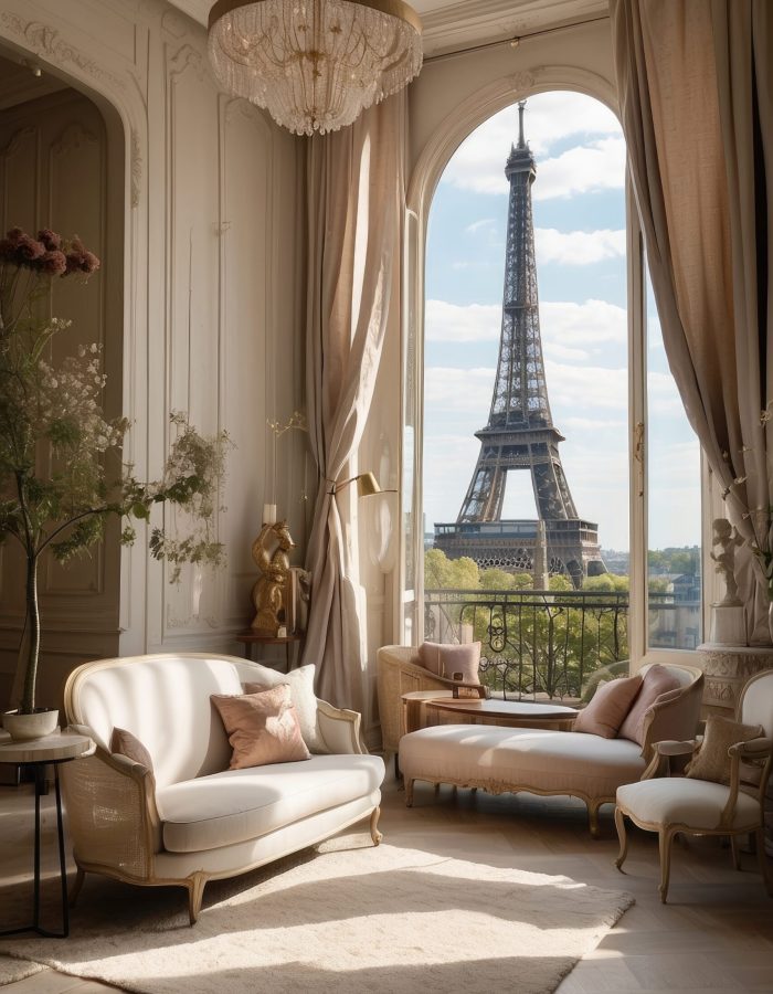 Luxurious Parisian Living Room with Eiffel Tower View